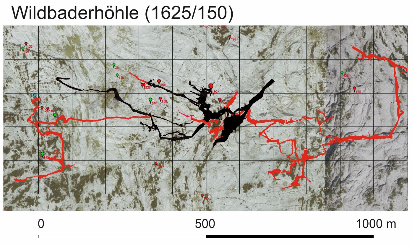 Übersichtsgrundriss der Wildbaderhöhle. Die in roter Farbe dargestellten Höhlenteile wurden im Zuge der neuen Forschungen entdeckt. Die in schwarz dargestellten Teile waren bereits vorher bekannt, aber teilweise noch nicht vermessen.