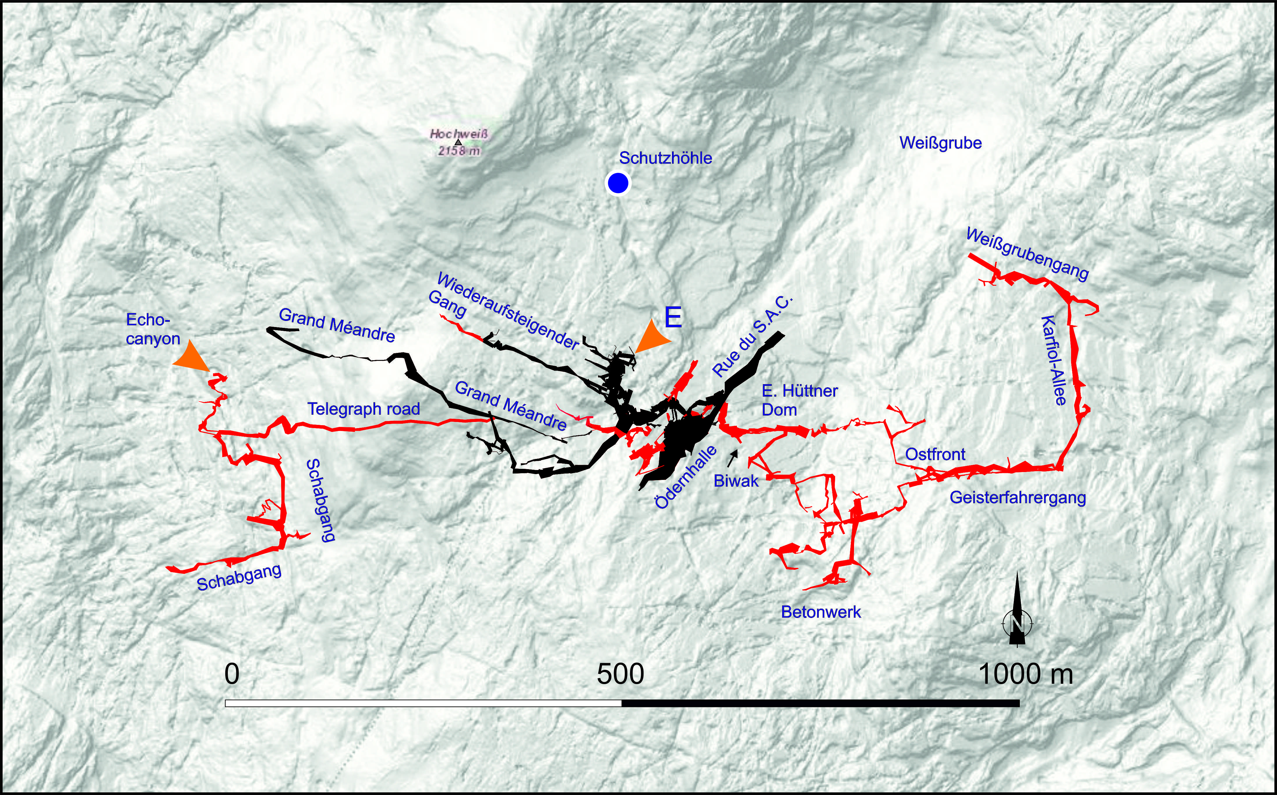 Übersichtsgrundriss der Wildbaderhöhle. Die in roter Farbe dargestellten Höhlenteile wurden im Zuge der neuen Forschungen entdeckt. Die in schwarz dargestellten Teile waren bereits vorher bekannt, aber teilweise noch nicht vermessen.